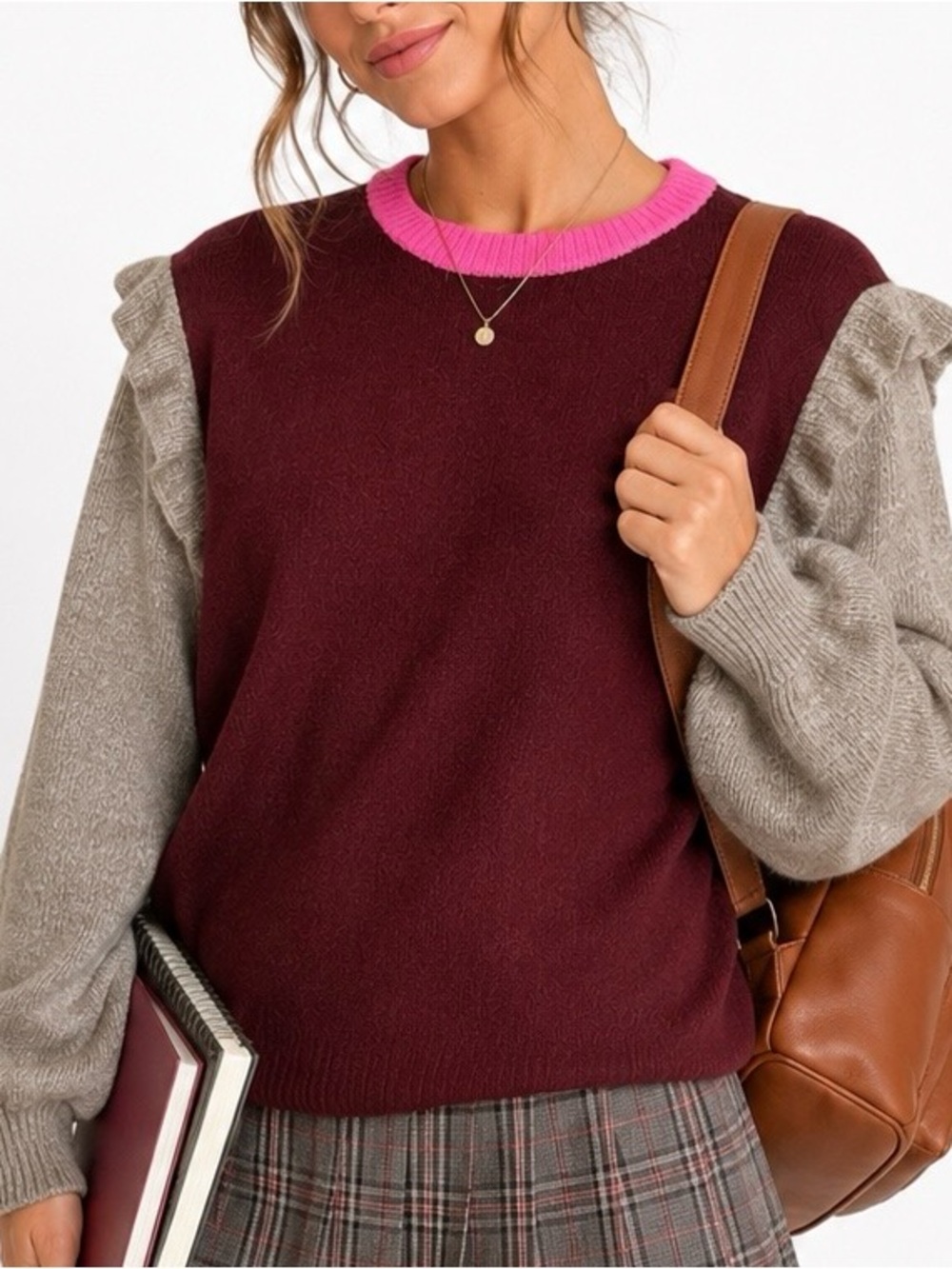 VIGOSS Mulberry Colorblock Sweater NWT Large Pink Trim Balloon Sleeve Cozy Knit